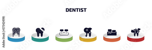 dentist infographic element with filled icons and 6 step or option. dentist icons such as inner tooth, broken tooth, fake tooth, bicuspid, partial denture, cleaning vector.