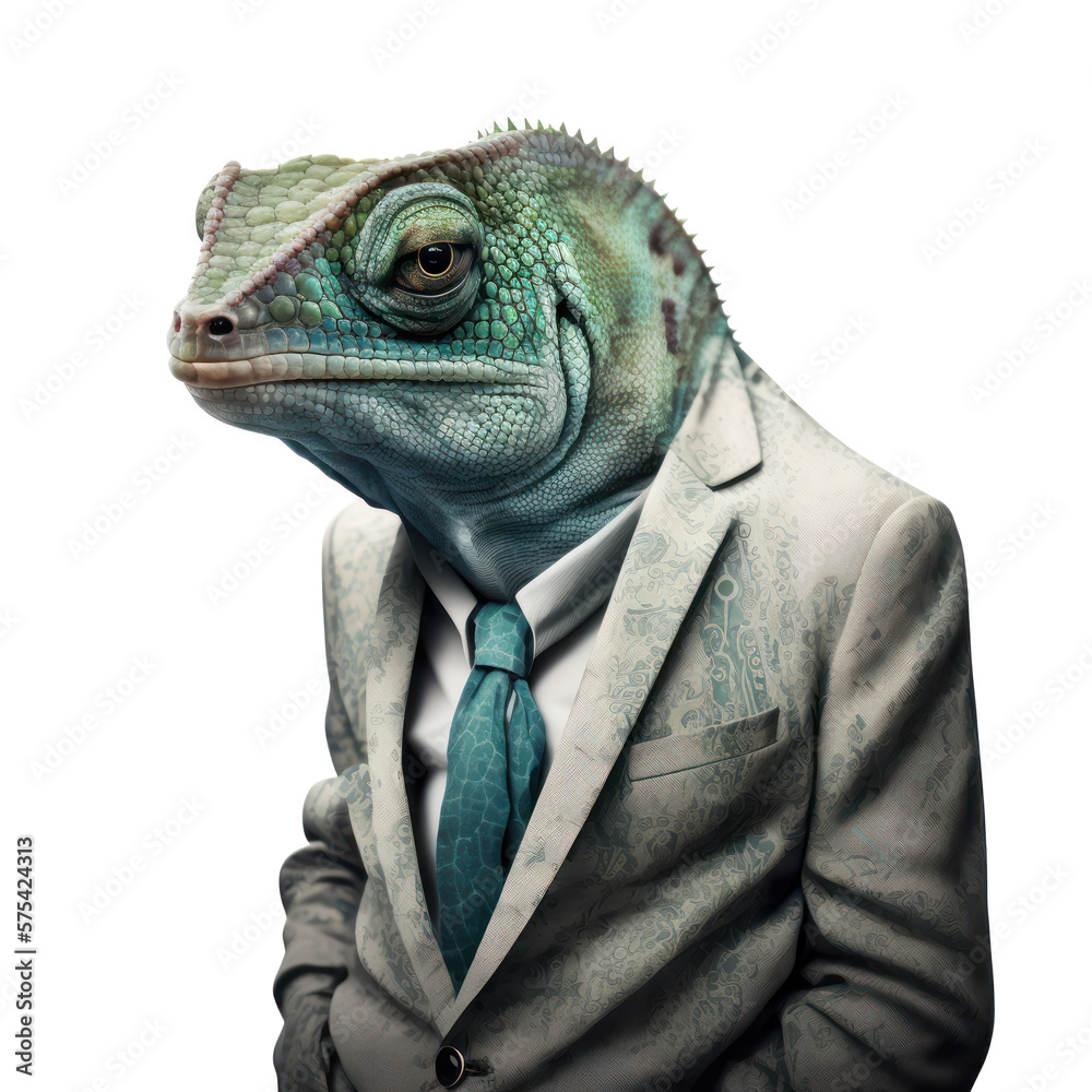 Portrait of a chameleon dressed in a formal business suit on white background, transparent png, generative ai Portrait of a chameleon dressed in a formal business suit on white background, transparent png, generative ai