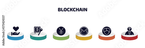 blockchain infographic element with filled icons and 6 step or option. blockchain icons such as donation, proof of stake, yen, , nem, anonymity vector.
