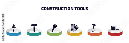 construction tools infographic element with filled icons and 6 step or option. construction tools icons such as trowel, brick hammer, putty knife, pantone, hammer and nail, open scale vector.
