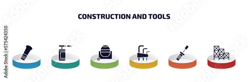 construction and tools infographic element with filled icons and 6 step or option. construction and tools icons such as wedge tool, blowtorch, concrete mixer, allen keys, garage screwdriver,