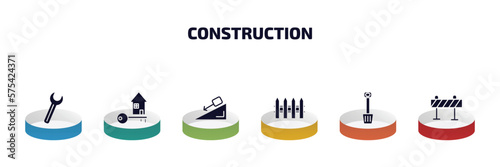 construction infographic element with filled icons and 6 step or option. construction icons such as spanner, home key, inclined, garden fence, inclined shovel, road barrier vector.