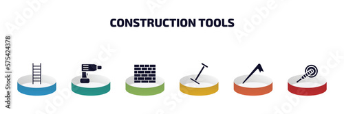 construction tools infographic element with filled icons and 6 step or option. construction tools icons such as ladder, hand drill, brick wall, gardening rake, crowbar, polishers vector.