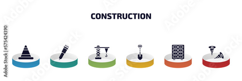 construction infographic element with filled icons and 6 step or option. construction icons such as road stopper, clippers, derrick facing right, interior de, big clo, two screws vector.