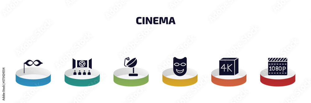 cinema infographic element with filled icons and 6 step or option. cinema icons such as small carnival mask, cinema audience, satellite tv dish, smile mask, 4k, 1080p full hd vector. cinema infographic element with filled icons and 6 step or option. cinema icons such as small carnival mask, cinema audience, satellite tv dish, smile mask, 4k, 1080p full hd vector.