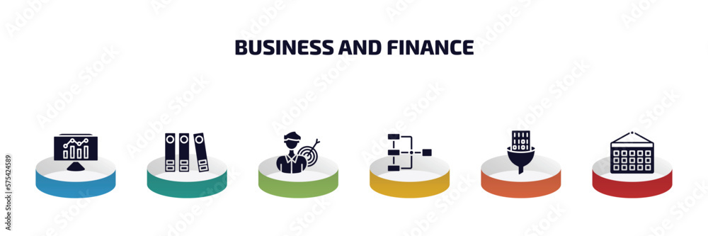 business and finance infographic element with filled icons and 6 step or option. business and finance icons such as bars graphic on screen, binder, businessman analysis, data analytics flow, business and finance infographic element with filled icons and 6 step or option. business and finance icons such as bars graphic on screen, binder, businessman analysis, data analytics flow,