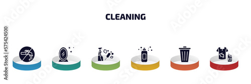 cleaning infographic element with filled icons and 6 step or option. cleaning icons such as no water cleanin, mirror cleanin, cleaning tools, shampoo, bin, stain remover vector.