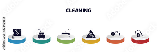 cleaning infographic element with filled icons and 6 step or option. cleaning icons such as glass cleaning, clean room, faucet cleanin, wet floor, virus cleanin, hoover vector.