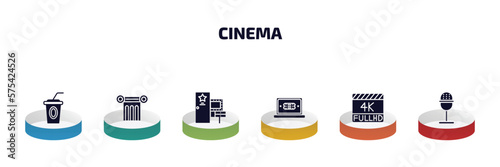 cinema infographic element with filled icons and 6 step or option. cinema icons such as papper cup with straw, theatre pillar, dressing room, buy tickets online, 4k fullhd, studio mic vector.
