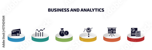 business and analytics infographic element with filled icons and 6 step or option. business and analytics icons such as business card, data analytics circular, debt, market research, stellar,