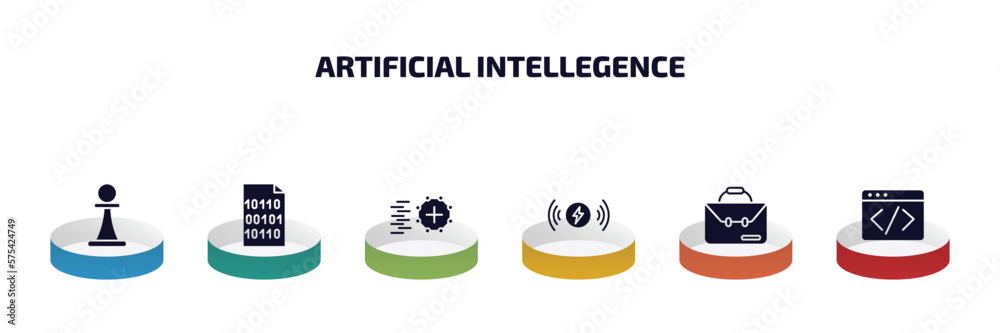 artificial intellegence infographic element with filled icons and 6 step or option. artificial intellegence icons such as chess, binary, match moving, wireless charging, business, code vector. artificial intellegence infographic element with filled icons and 6 step or option. artificial intellegence icons such as chess, binary, match moving, wireless charging, business, code vector.