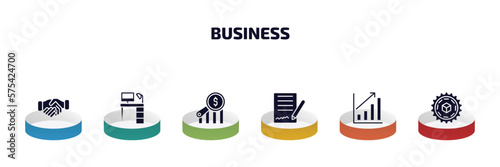 business infographic element with filled icons and 6 step or option. business icons such as cooperate, work table, money finder, , growing bar graph, proof of work vector.