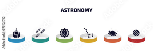 astronomy infographic element with filled icons and 6 step or option. astronomy icons such as astronaut ingravity, meteorites, stargate, big dipper, planet, uranus with satellite vector.