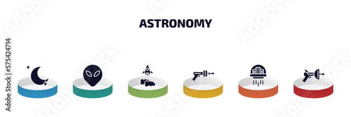 astronomy infographic element with filled icons and 6 step or option. astronomy icons such as blue moon, extraterrestial head, liftoff, gun blaster, space colony, space gun vector.