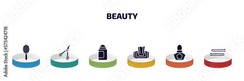 beauty infographic element with filled icons and 6 step or option. beauty icons such as inclined hairbrush, manicure scissors, deodorant, wet wipes, french perfume, bobby pins vector.