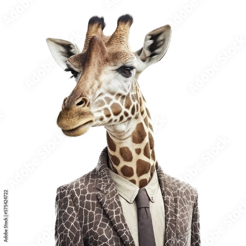 Portrait of a giraffe dressed in a formal business suit on white background  transparent png  generative ai
