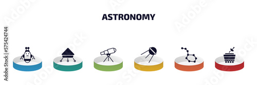 astronomy infographic element with filled icons and 6 step or option. astronomy icons such as space robot, lander, telescope pointing up, sputnik, constellation, moonwalker vector. photo