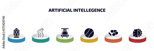 artificial intellegence infographic element with filled icons and 6 step or option. artificial intellegence icons such as train, road, high speed tube, ball, medicine, deformity vector.