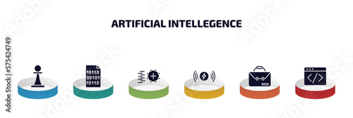 artificial intellegence infographic element with filled icons and 6 step or option. artificial intellegence icons such as chess, binary, match moving, wireless charging, business, code vector.