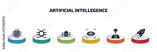 artificial intellegence infographic element with filled icons and 6 step or option. artificial intellegence icons such as chip, unsupervised learning, smart home, eye tracking, organ printing,
