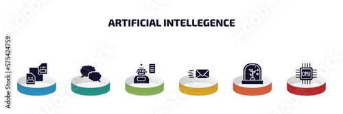 artificial intellegence infographic element with filled icons and 6 step or option. artificial intellegence icons such as memory transfer, speech bubble, laws of robotics, mail, artificial