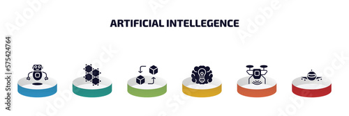 artificial intellegence infographic element with filled icons and 6 step or option. artificial intellegence icons such as robots, graphene, replacement, future brain, unmanned aerial vehicle,