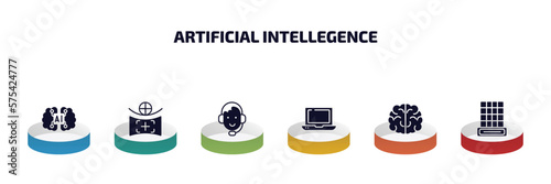 artificial intellegence infographic element with filled icons and 6 step or option. artificial intellegence icons such as artificial intelligence, field of view, personal assistant, laptop, brain,