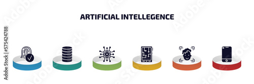 artificial intellegence infographic element with filled icons and 6 step or option. artificial intellegence icons such as biometrics, database, quantum computing, mobile flexible display, face