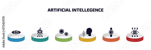 artificial intellegence infographic element with filled icons and 6 step or option. artificial intellegence icons such as smart lens, microbots, hine, voice recognition, wristwatch, bionic eye