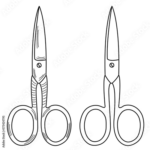 Outline silhouette sketch scissors, shears, pair of scissors. Medical instrument. Hospital, medical