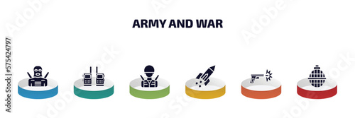 army and war infographic element with filled icons and 6 step or option. army and war icons such as guerrilla, two way radio, soldier, missile, gun shooting, whizbang with rong vector.