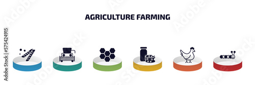 agriculture farming infographic element with filled icons and 6 step or option. agriculture farming icons such as legume, harvester, honeycomb, milk products, hen, caterpillar vector.