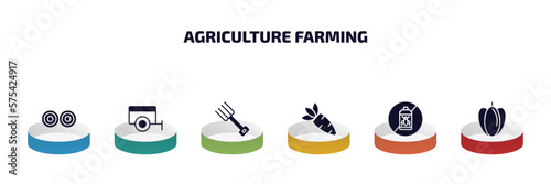 agriculture farming infographic element with filled icons and 6 step or option. agriculture farming icons such as hay bale, trailer, farming fork, vegetable, pesticide, capsicum vector.
