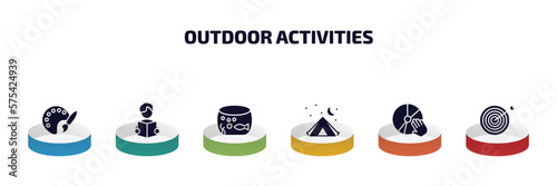 outdoor activities infographic element with filled icons and 6 step or option. outdoor activities icons such as coloring, read, aquarium, camp, disc jockey, dartboard vector.