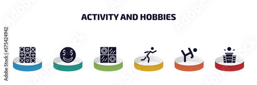 activity and hobbies infographic element with filled icons and 6 step or option. activity and hobbies icons such as quilt, greedy, checkers, ice skating, martial art, beer pong vector.
