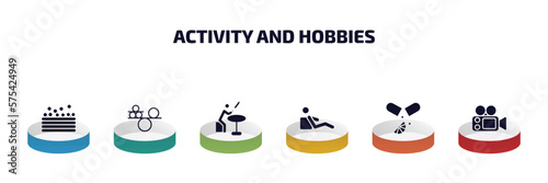 activity and hobbies infographic element with filled icons and 6 step or option. activity and hobbies icons such as ball pit, balancing, knife making, resting, vitamin, film making vector. photo