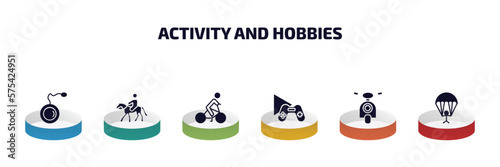 activity and hobbies infographic element with filled icons and 6 step or option. activity and hobbies icons such as yoyo, horse riding, biking, game playing, motorcycle, gliding parachutist vector.