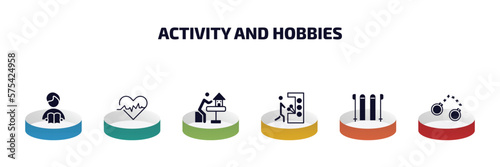 activity and hobbies infographic element with filled icons and 6 step or option. activity and hobbies icons such as boy reading, heart rate, model building, pachinko, skii, arrest vector.