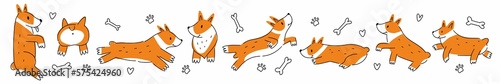 Photography Horizontal collection with a group of corgi dogs drawn by hand in the style of a