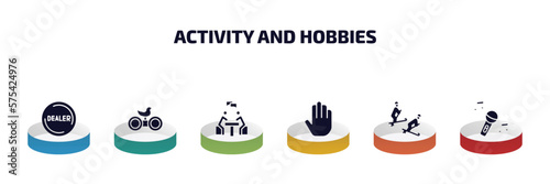 activity and hobbies infographic element with filled icons and 6 step or option. activity and hobbies icons such as dealer, bird watching, meeting with a friend, greeting, freestyle, sing vector.