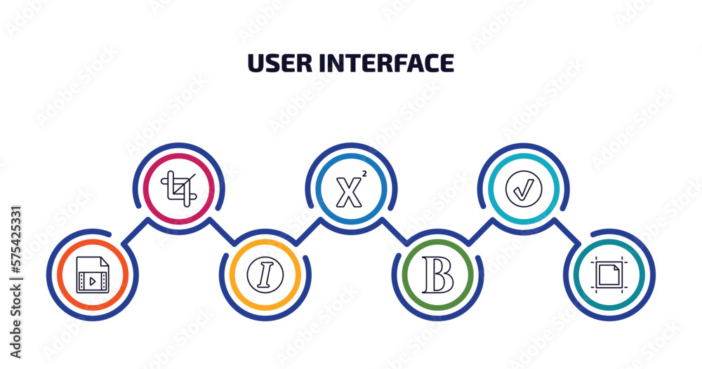 user interface infographic element with outline icons and 7 step or option. user interface icons such as crop tool, superscript, round done button, video file, italic, bold text, artboard vector.