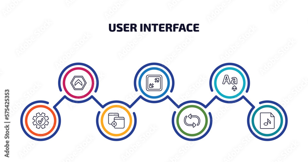 user interface infographic element with outline icons and 7 step or option. user interface icons such as top button, expand tool, letter size, right tings, new page, update arrows, music file user interface infographic element with outline icons and 7 step or option. user interface icons such as top button, expand tool, letter size, right tings, new page, update arrows, music file