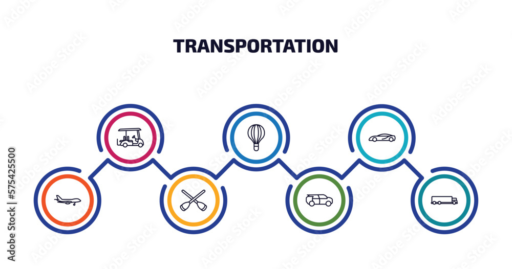 transportation infographic element with outline icons and 7 step or option. transportation icons such as golf cart, hot air balloon, sports car, jumbo jet, rowing, eco-friendly transport, truck transportation infographic element with outline icons and 7 step or option. transportation icons such as golf cart, hot air balloon, sports car, jumbo jet, rowing, eco-friendly transport, truck
