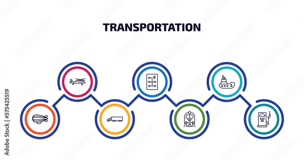 transportation infographic element with outline icons and 7 step or option. transportation icons such as military helicopter, gear box, tugboat, zeppelin, eighteen-wheeler, train front, fuel transportation infographic element with outline icons and 7 step or option. transportation icons such as military helicopter, gear box, tugboat, zeppelin, eighteen-wheeler, train front, fuel