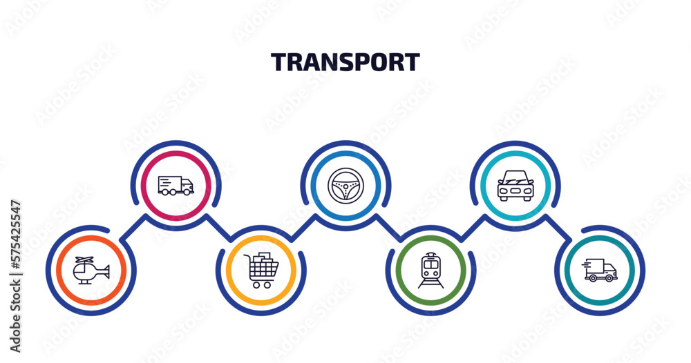 transport infographic element with outline icons and 7 step or option. transport icons such as free transport, steering, car, small helicopter, cart with boxes, tram stop, shipping and delivery