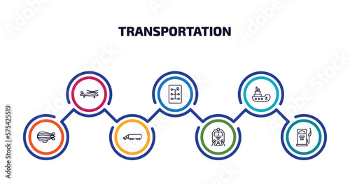 transportation infographic element with outline icons and 7 step or option. transportation icons such as military helicopter, gear box, tugboat, zeppelin, eighteen-wheeler, train front, fuel