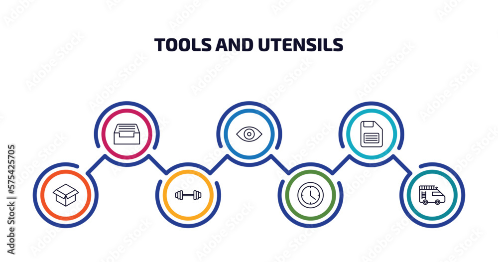 tools and utensils infographic element with outline icons and 7 step or option. tools and utensils icons such as tray for papers, optical, face down floppy disk, open black box, exercise with tools and utensils infographic element with outline icons and 7 step or option. tools and utensils icons such as tray for papers, optical, face down floppy disk, open black box, exercise with