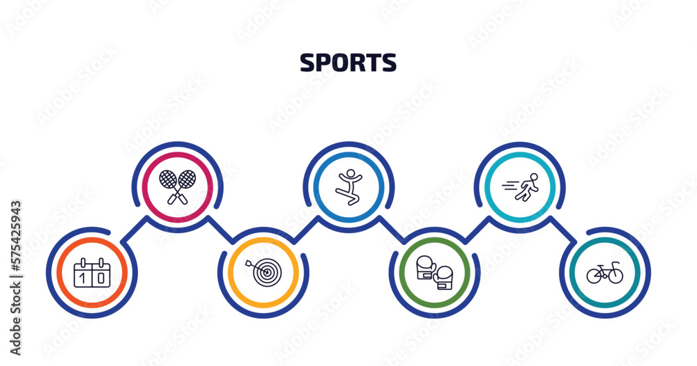 sports infographic element with outline icons and 7 step or option. sports icons such as badminton, jumping dancer, sprint, scoreboard, dartboard and dart, boxing gloves, racing bike vector.