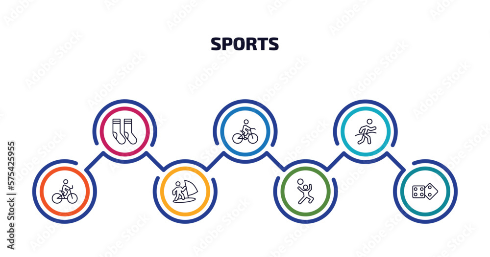 sports infographic element with outline icons and 7 step or option. sports icons such as long socks, man riding bike, marathon champion, bicycle rider, man windsurfing, man playing volleyball, board