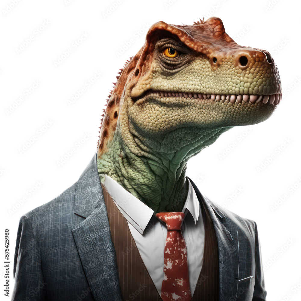 Portrait of a Dinosaur dressed in a formal business suit on white background, transparent png, generative ai